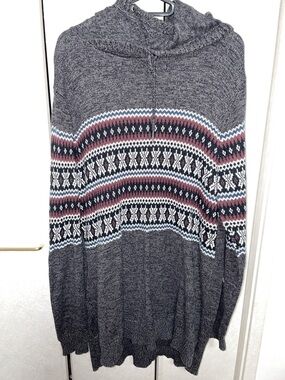 Retrofit Charcoal Knit Hoodie with Burgundy and Blue Fair Isle